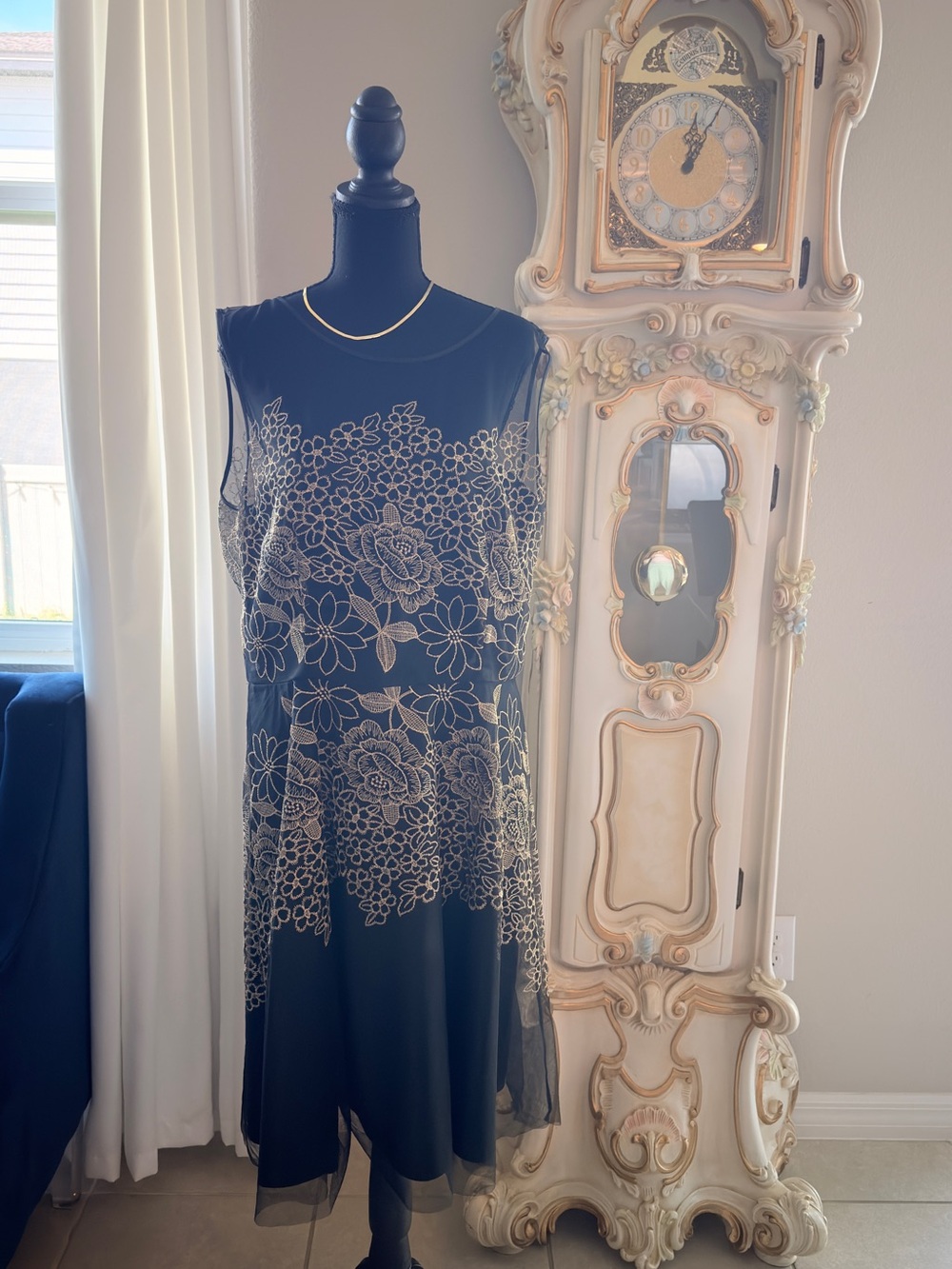 Sleeveless Black Midi Dress with Cream Floral Embroidery